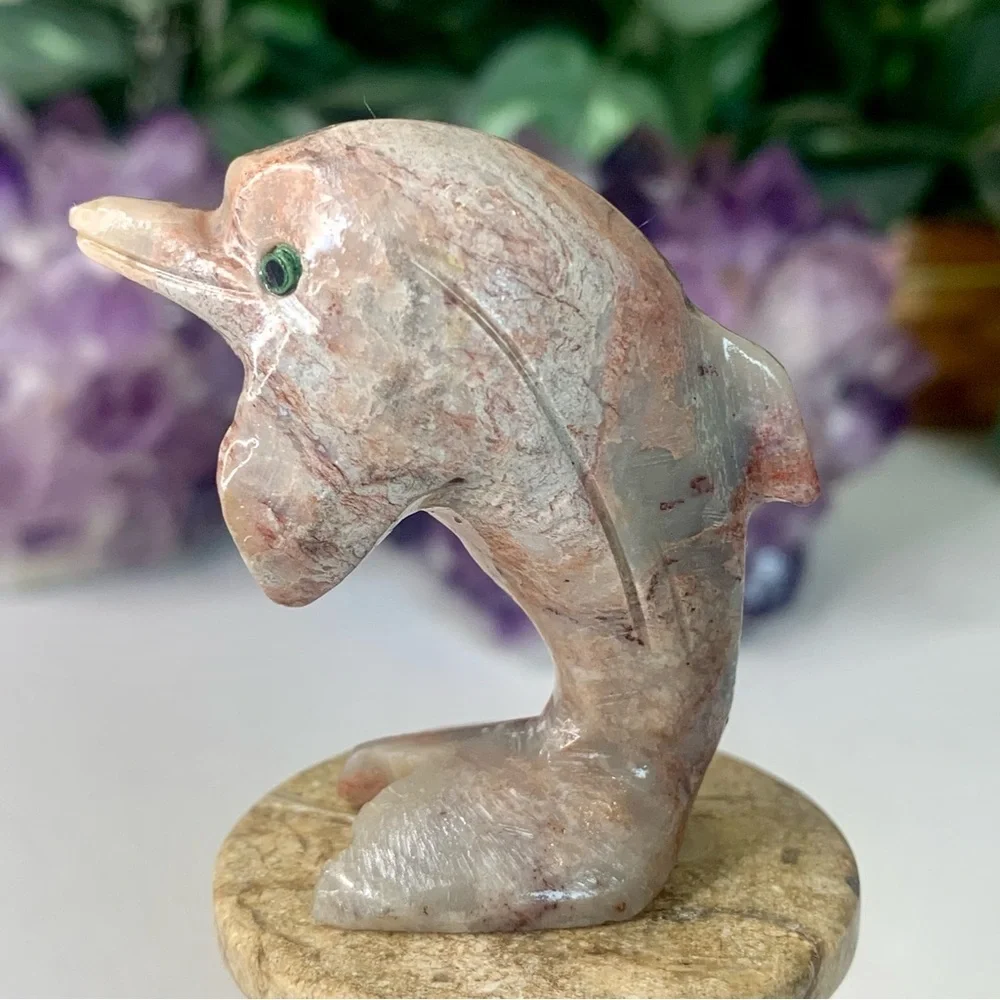Soapstone Carved Dolphin Figurine Stone Animal Carving Figure Statue 2”